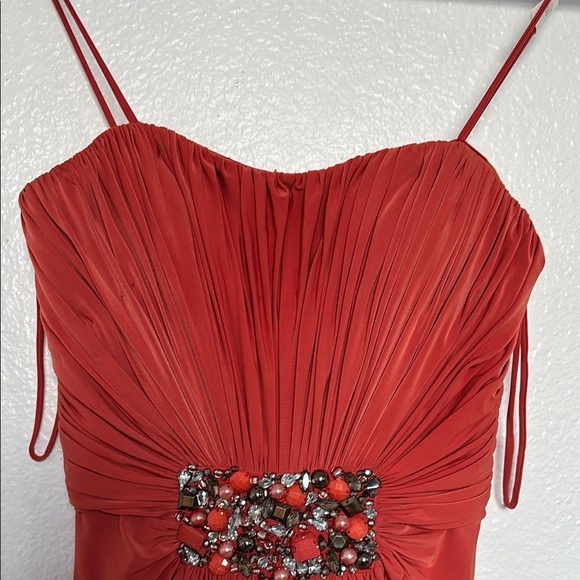 Mignon Red Prom Dress Orange color size 2 with stones and a scarf cape - Picture 3 of 15